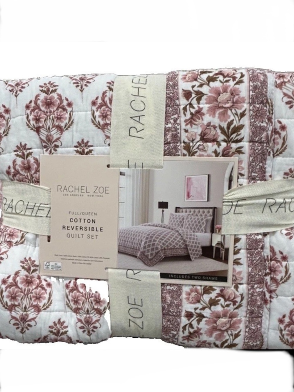 Rachel Zoe Full/Queen Pink and White Cotton Reversible Quilt Set 88”x92”
